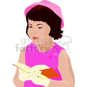 The clipart image depicts a girl wearing a pink hat and a pink sleeveless top. She appears to be in a contemplative or prayerful pose with her eyes closed, holding an open book that could represent a bible, suggesting a moment of religious reflection or prayer.