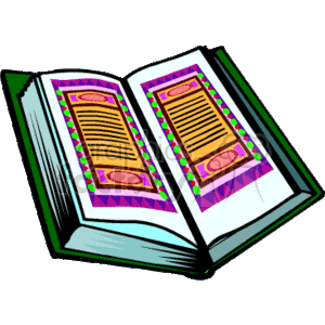 The image is a clipart of an open religious text or scripture, possibly representing a holy book such as the Bible, Quran, Torah, or another religious manuscript. The book has colorful borders and is open to a page that features what appears to be text or scripture.