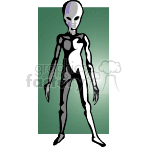 This clipart image features a stylized representation of an alien figure traditionally associated with extraterrestrial beings in science fiction. The alien has a slender body with elongated limbs, a large head with prominent eyes, and is presented in a graphic style with shading that gives a sense of three-dimensionality. The background of the image is a gradient of green shades.