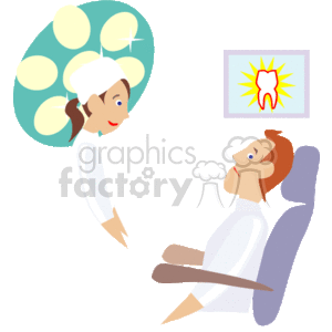 This clipart image depicts a dental scenario. There is a female dental professional, which could be a dentist or dental nurse, wearing a white uniform. She is standing next to a patient who is reclining in a dental chair. The patient appears to be a male with brown hair. Above them, there is a dental light providing illumination. On the top right corner of the image, there is an illustration of a tooth with a radiating pain symbol, indicating a toothache or dental issue.