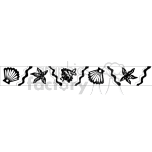 The clipart image depicts a series of black silhouettes of marine-themed objects and animals against a white background. From left to right, there are two seashells, a starfish, a fish, followed by another seashell, and a second starfish. The seashells and starfish have ornamental hole patterns, while the fish features a whimsical design with eyes and lips.