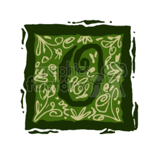 The clipart image shows a decorative letter 'O' with ornate calligraphy and foliage motifs inside a stylized box. The design appears to be inspired by traditional calligraphic styles, with leaves and vines used to embellish the letter.