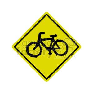 The image features a yellow diamond-shaped street sign with a black pictogram of a bicycle on it. This typically indicates a bike crossing area where drivers should be aware of bicycles.