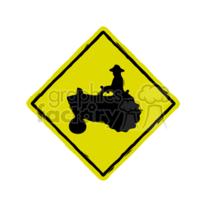 The image shows a yellow diamond-shaped road sign with a black symbol of a farmer driving a tractor. This type of sign is typically used to caution drivers that they are in an area where farm vehicles may be crossing or entering the road.