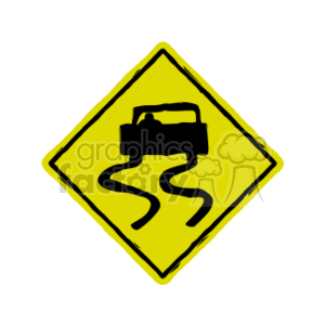 The clipart image shows a yellow diamond-shaped road sign with a black pictogram depicting a car with squiggly lines underneath it. This sign typically indicates that the road ahead may be slippery when wet and advises caution for drivers.