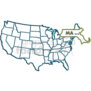 The image is a clipart illustration showing an outline map of the United States with a highlighted area and a label pointing to the state of Massachusetts (MA). The label also includes the name Boston, which is the capital city of Massachusetts.