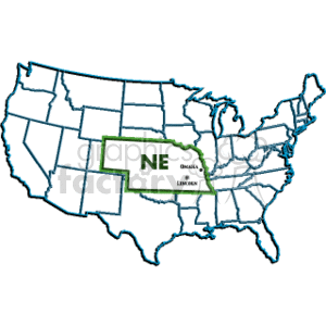 This clipart image features a simplified outline map of the United States with the state of Nebraska highlighted. The highlight is a green overlay on Nebraska with the letters NE to abbreviate the state's name. Two cities within Nebraska are also marked: Omaha and Lincoln.