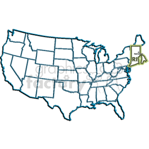 The clipart image features an outline map of the United States with all the states delineated. The state of Rhode Island is highlighted in green, and a label with the abbreviation RI is pointing to its location on the map.
