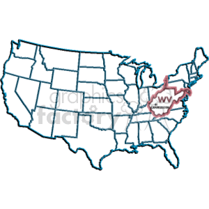 This clipart image features an outline map of the United States with the state of West Virginia highlighted. The state is marked with an abbreviation WV, and its capital, Charleston, is also indicated.
