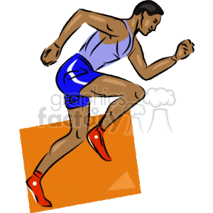 The clipart image depicts a stylized, animated figure of a male runner in mid-stride. The runner is wearing a blue and white tank top, blue running shorts, and red running shoes. He appears to be sprinting with intense focus and determination. Below the runner is an orange starting block.