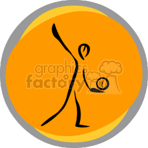 The clipart image depicts a stylized figure of a person playing volleyball. The figure is represented by simple black lines, and appears to be in the motion of handling the volleyball, which is denoted by a small circle with lines indicating its movement or rotation. The background is orange, and the entire image is encapsulated within a grey circular border.