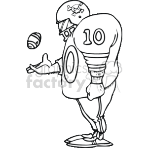 The clipart image depicts a humorous take on an American football player in action. The figure is stylized and exaggerated with a large, rounded body bearing the number 10. The player is wearing a helmet, with a small skull and crossbones detail on the side, and padded football gear. The ball is in motion, seeming to have been thrown or fumbled.