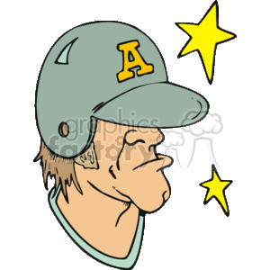This clipart image depicts a side profile of a cartoon character wearing a baseball helmet featuring the letter A. There is a prominent chin and a somewhat exaggerated facial expression on the character, which suggests a humorous take on a sports theme. Two stars appear in the background next to the character's head, possibly indicating a state of being stunned or seeing stars, a common humorous trope in cartoon imagery.