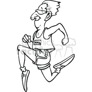 The clipart image depicts a humorous illustration of a runner. The character is stylized with exaggerated features such as a prominent nose, a tall forehead, and a whimsical facial expression. The runner is wearing a tank top with the number 101G and shorts, with one leg lifted in a running motion. His hair is swept back as if by the wind, implying movement, and he is wearing running shoes.