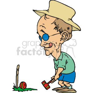 In this clipart image, there is a humorous depiction of a senior character playing croquet. The elderly figure is portrayed with exaggerated features, including a large nose, a tall straw hat, and a playful expression. They are bent over in a stance preparing to hit a croquet ball with a mallet, with a croquet hoop visible in the background.