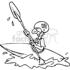 The clipart image features a person engaged in a kayaking activity. The person is wearing a helmet with the number 02 on it and is paddling enthusiastically with a double-bladed paddle. They are seated in a kayak that is on wavy water, possibly depicting swift river currents or rapids, indicative of whitewater kayaking. The character is shown with a focused expression on their face, possibly illustrating the determination and concentration required for the sport. The style of the image is comedic, with exaggerated features for a humorous effect.