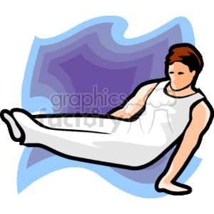 The clipart image shows a stylized representation of a person engaged in a fitness activity, likely performing a core-strengthening exercise or a gymnastic pose. The person is wearing a sleeveless top and trousers, suggesting sportswear appropriate for physical activity. The background features an abstract design with a swirl of purple and blue colors that may signify movement or energy.