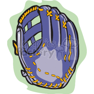 This clipart image features a stylized illustration of a baseball mitt or glove. The glove is predominantly blue with yellow stitching and is shown in a perspective that suggests it's open and ready to catch a ball. The background has abstract green shapes that might suggest a field or playing surface.