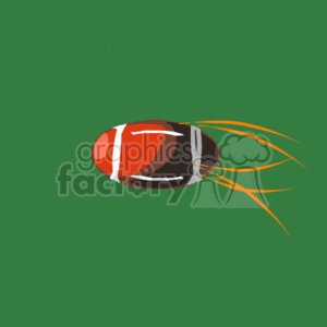 The clipart image shows a stylized American football in motion with orange speed lines trailing behind it, indicating rapid movement. The football has the typical brown color with white laces and a red design, set against a green background which might suggest a football field.