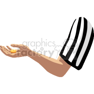 The clipart image features a football referee's hand with a striped referee shirt sleeve. The referee is holding a gold coin, indicating that a coin toss is about to take place, which is a common process used to decide which team will kick off or choose their side of the field in a football game.