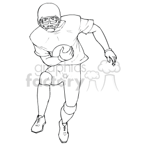 The clipart image shows a line drawing of a football player in a poised position holding a football. The player wears a helmet, jersey, pants, and cleats, which are typical football attire.