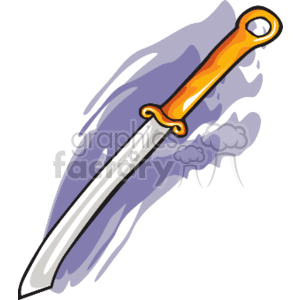 The clipart image depicts a stylized illustration of a sword with a sharp blade, a detailed hilt with an ornamental design, and a circular handle. The sword is shown with a dynamic swish effect in the background that suggests motion or a swipe through the air.