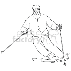 The clipart image depicts a person engaged in downhill skiing. The skier is shown in motion, wearing ski goggles and using ski poles to navigate through the snow.