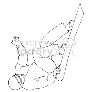 The clipart image depicts a snowboarder who appears to be in the midst of an athletic snowboarding maneuver. The snowboarder, shown in a simplified black and white illustration, is holding onto their snowboard, angled in the air, suggesting motion and possibly performing a trick or jump.