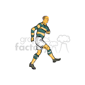 The clipart image depicts a stylized illustration of a soccer player in a running or jogging pose. The player is dressed in a sports uniform with horizontal stripes on the shirt, shorts, soccer socks, and cleats. The athlete is also portrayed with short hair.