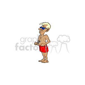 The image is a cartoon clipart of a lifeguard. He is standing, wearing red swimming trunks with a white stripe, blue sunglasses, and a whistle around his neck. The lifeguard appears to be older, with white hair, and is in a relaxed stance with his arms folded.