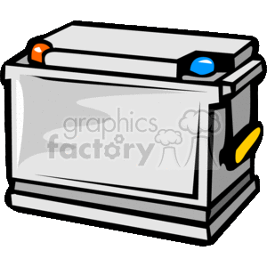 The clipart image depicts a stylized car battery. Key features include battery terminals (one marked with a blue plus sign for positive and one with an orange minus sign for negative), a white rectangular body, and a black base with a yellow detail that may represent a manufacturing label or handle.