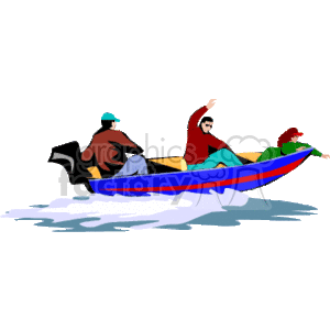 The clipart image depicts three individuals in a colorful boat on water. There is a person at the stern paddling, another seated in the middle raising a hand, and the third one sitting at the bow.