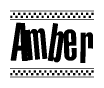 The image contains the text Amber in a bold, stylized font, with a checkered flag pattern bordering the top and bottom of the text.