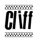 The image contains the text Cliff in a bold, stylized font, with a checkered flag pattern bordering the top and bottom of the text.