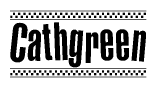 The image is a black and white clipart of the text Cathgreen in a bold, italicized font. The text is bordered by a dotted line on the top and bottom, and there are checkered flags positioned at both ends of the text, usually associated with racing or finishing lines.
