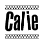 The image contains the text Calie in a bold, stylized font, with a checkered flag pattern bordering the top and bottom of the text.