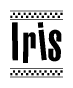 The image contains the text Iris in a bold, stylized font, with a checkered flag pattern bordering the top and bottom of the text.