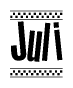 The image is a black and white clipart of the text Juli in a bold, italicized font. The text is bordered by a dotted line on the top and bottom, and there are checkered flags positioned at both ends of the text, usually associated with racing or finishing lines.