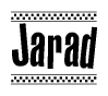 The image is a black and white clipart of the text Jarad in a bold, italicized font. The text is bordered by a dotted line on the top and bottom, and there are checkered flags positioned at both ends of the text, usually associated with racing or finishing lines.