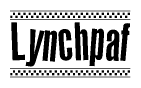 The image is a black and white clipart of the text Lynchpaf in a bold, italicized font. The text is bordered by a dotted line on the top and bottom, and there are checkered flags positioned at both ends of the text, usually associated with racing or finishing lines.