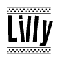 The image is a black and white clipart of the text Lilly in a bold, italicized font. The text is bordered by a dotted line on the top and bottom, and there are checkered flags positioned at both ends of the text, usually associated with racing or finishing lines.