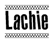The clipart image displays the text Lachie in a bold, stylized font. It is enclosed in a rectangular border with a checkerboard pattern running below and above the text, similar to a finish line in racing. 