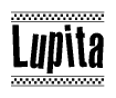 The image contains the text Lupita in a bold, stylized font, with a checkered flag pattern bordering the top and bottom of the text.