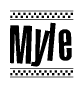 The image is a black and white clipart of the text Myle in a bold, italicized font. The text is bordered by a dotted line on the top and bottom, and there are checkered flags positioned at both ends of the text, usually associated with racing or finishing lines.