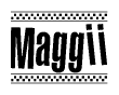 The image contains the text Maggii in a bold, stylized font, with a checkered flag pattern bordering the top and bottom of the text.