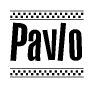 The image is a black and white clipart of the text Pavlo in a bold, italicized font. The text is bordered by a dotted line on the top and bottom, and there are checkered flags positioned at both ends of the text, usually associated with racing or finishing lines.