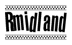 The image is a black and white clipart of the text Rmidland in a bold, italicized font. The text is bordered by a dotted line on the top and bottom, and there are checkered flags positioned at both ends of the text, usually associated with racing or finishing lines.