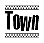 The image is a black and white clipart of the text Town in a bold, italicized font. The text is bordered by a dotted line on the top and bottom, and there are checkered flags positioned at both ends of the text, usually associated with racing or finishing lines.