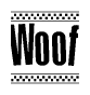 The clipart image displays the text Woof in a bold, stylized font. It is enclosed in a rectangular border with a checkerboard pattern running below and above the text, similar to a finish line in racing. 