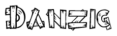 The image contains the name Danzig written in a decorative, stylized font with a hand-drawn appearance. The lines are made up of what appears to be planks of wood, which are nailed together
